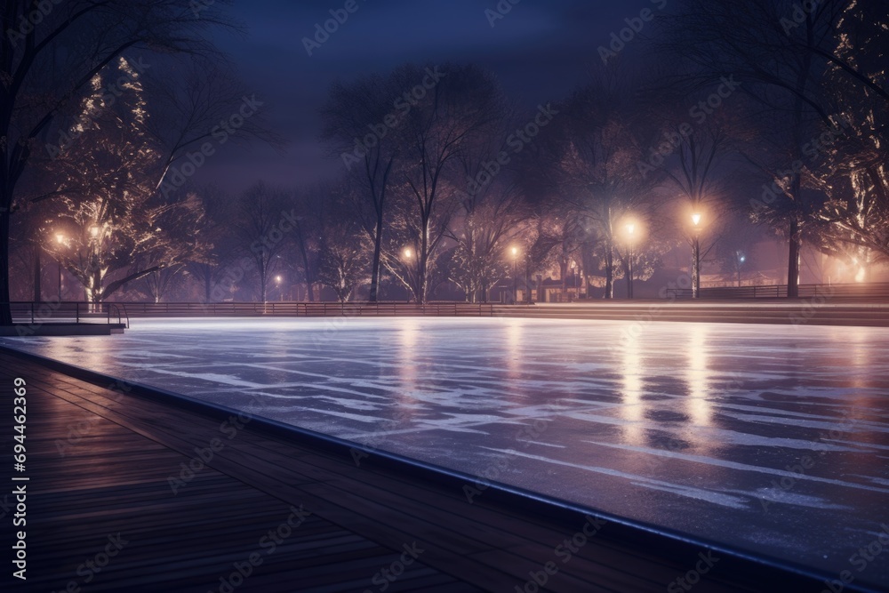Poster a picture of a park at night with lights reflecting in the water. can be used to depict a serene and