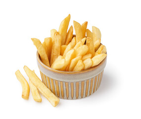 Bowl of tasty french fries on white background