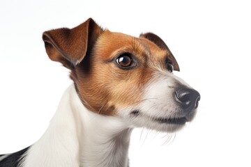 Close-up shot of a dog's face against a white background. Ideal for pet-related projects and designs