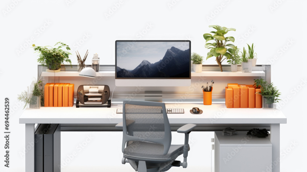 Poster a desk with a computer and a plant. suitable for office or home workspace.