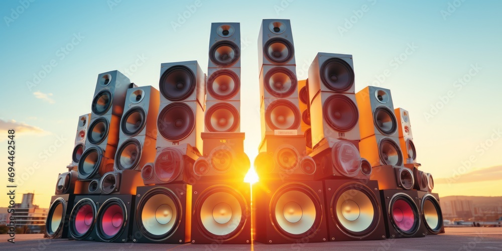Poster a large stack of speakers sitting on top of each other. perfect for music events and audio presentat
