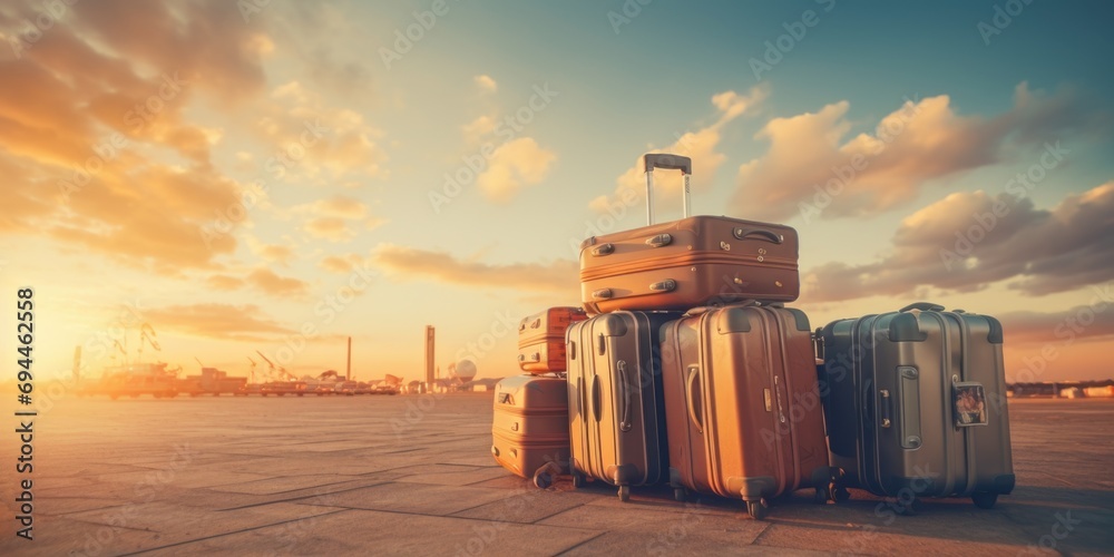 Poster A group of suitcases sitting on top of each other. Perfect for travel-related designs or illustrating the concept of packing for a trip