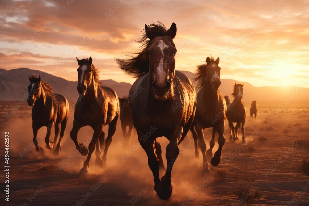 Poster A dynamic scene capturing a group of horses running in the vast desert. Perfect for depicting freedom and wild beauty of nature.
