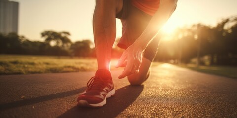 A person is pictured wearing red running shoes on a road. This image can be used to depict fitness, exercise, running, or a healthy lifestyle - obrazy, fototapety, plakaty