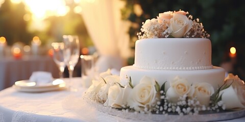 A wedding cake sitting on top of a table. Perfect for wedding-related designs and celebrations