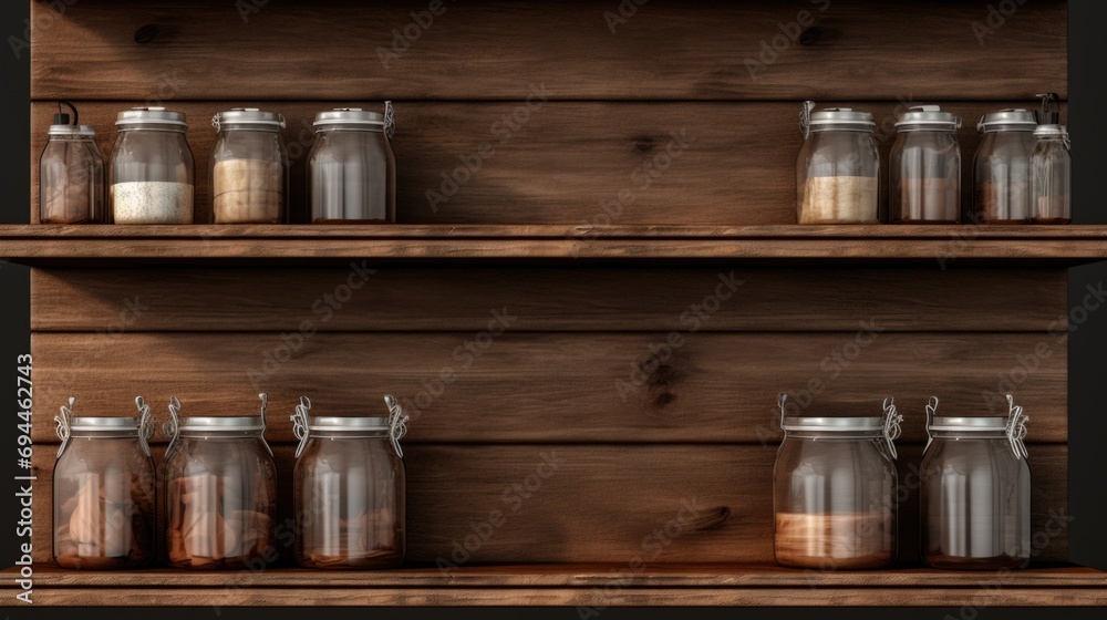 Poster a wooden shelf filled with jars of various spices. perfect for food and cooking related projects