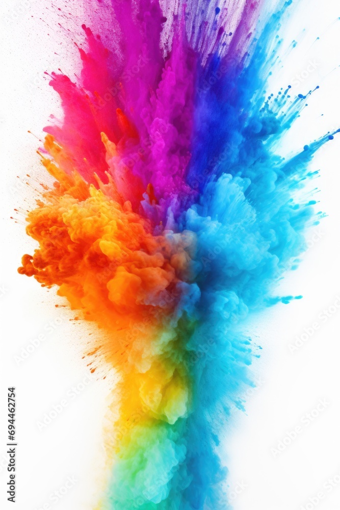 Poster Colorful powder exploding in vibrant hues on a clean white background. Perfect for adding a pop of color and energy to any design or project