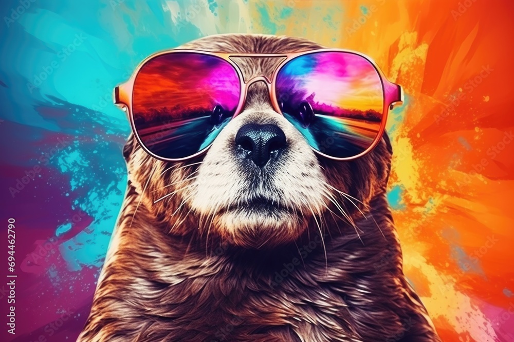Aufkleber an adorable otter wearing sunglasses against a vibrant and colorful background. perfect for adding a