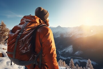 A person standing on a snowy hill, wearing a backpack. Suitable for outdoor and adventure themes - Powered by Adobe