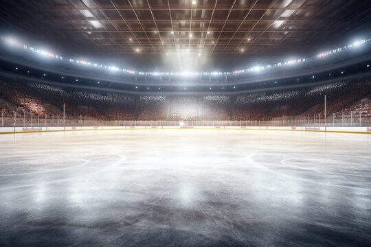 An empty hockey rink with lights shining on the ice. Perfect for sports-related designs and concepts
