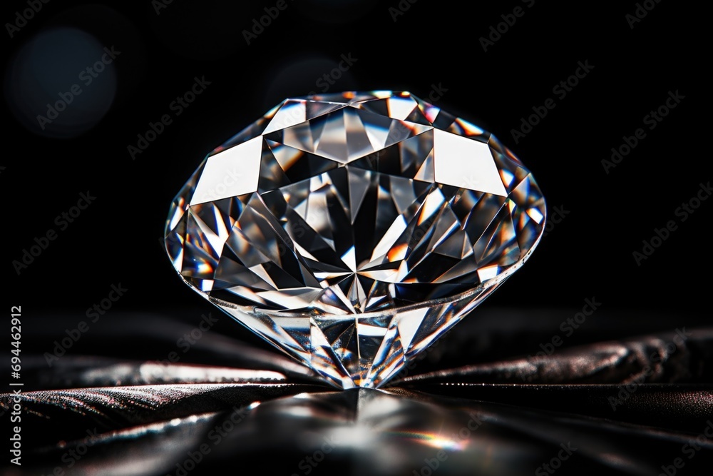 Poster a close up view of a diamond on a black surface. this image can be used for jewelry advertisements o