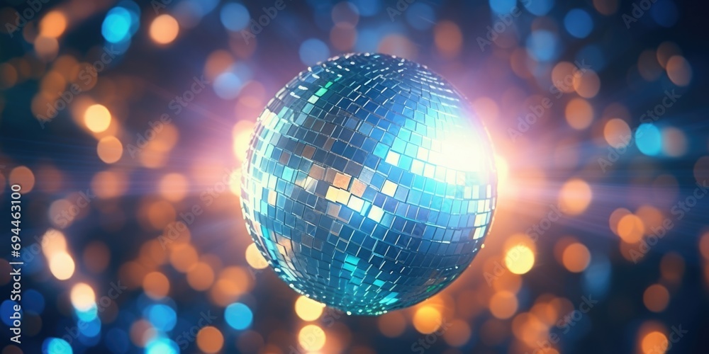 Poster a shiny disco ball hanging in the center of a dark room. perfect for adding a touch of glamour to an