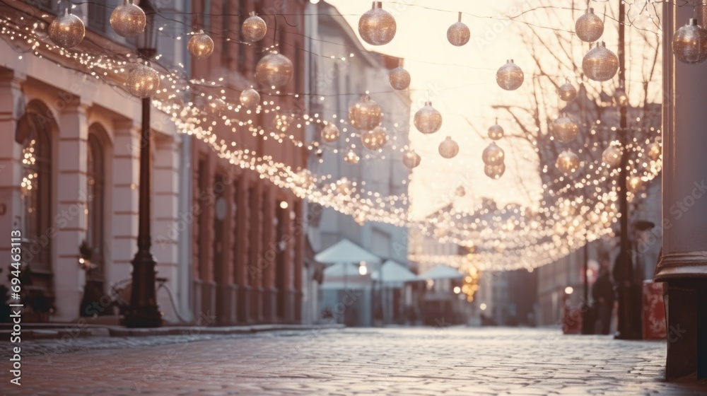 Poster a charming cobblestone street adorned with festive christmas lights. perfect for adding a touch of h