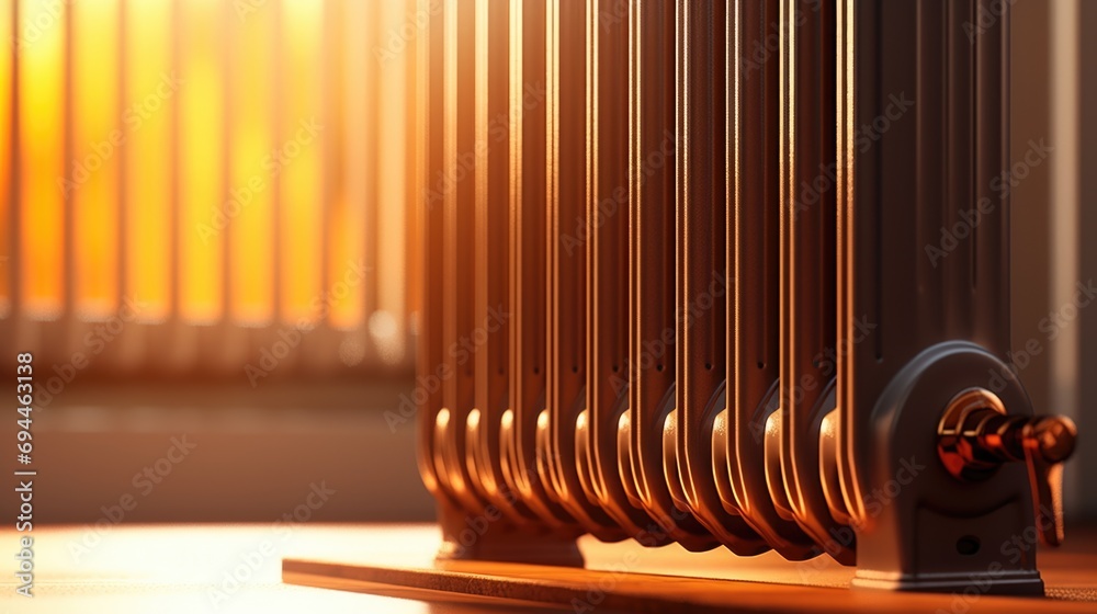 Poster A detailed close-up of a radiator placed on a table. This versatile image can be used to illustrate home heating, energy efficiency, interior design, or HVAC concepts