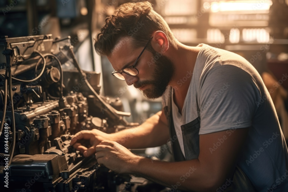 Aufkleber A man is seen diligently working on a machine in a factory. This image can be used to showcase industrial work, manufacturing processes, or the concept of productivity in a factory setting