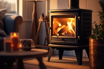 Foto op Aluminium A cozy wood burning stove in a living room. Perfect for adding warmth and ambiance to any space © Fotograf