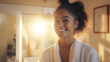 A woman in a bathrobe with a friendly smile looks directly at the camera. Perfect for beauty, relaxation, and self-care themes