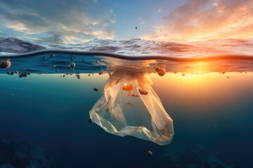 A plastic bag floats in the calm ocean waters during a beautiful sunset. This image can be used to raise awareness about plastic pollution and its impact on marine life - obrazy, fototapety, plakaty
