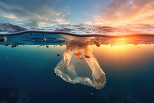 A plastic bag floats in the calm ocean waters during a beautiful sunset. This image can be used to raise awareness about plastic pollution and its impact on marine life