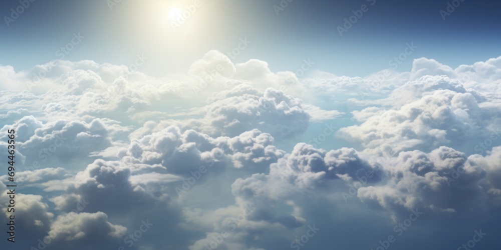 Poster sun shining brightly above fluffy clouds in the sky. perfect for nature and weather related projects