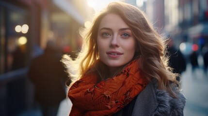 Obraz premium A woman standing on a sidewalk wearing a scarf around her neck. Suitable for fashion, winter, and urban lifestyle themes