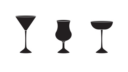 Set of three various glasses for alcohol and non alcohol drinks in silhouettestyle on white background for icons, posters, patterns, webs, apps, wrapping	