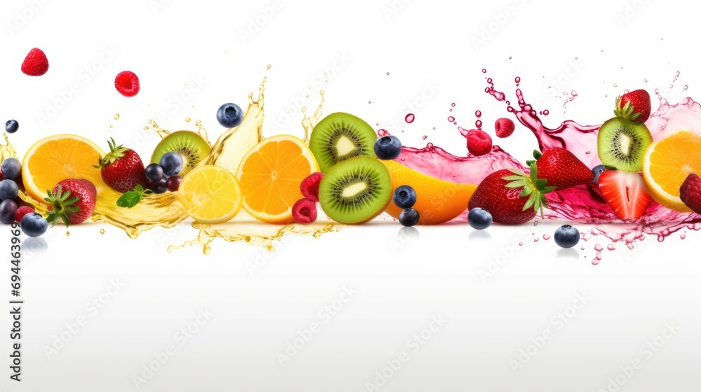 Poster A vibrant image capturing a group of fruits and juice splashing on top of each other. Perfect for adding a fresh and energetic touch to your projects