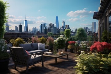 Fototapeta premium Rooftop garden lounge in the heart of the city.Architectural Visualization. 3D rendering. Interior Design 