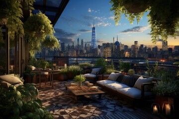 Rooftop garden lounge in the heart of the city.Architectural Visualization. 3D rendering. Interior Design 