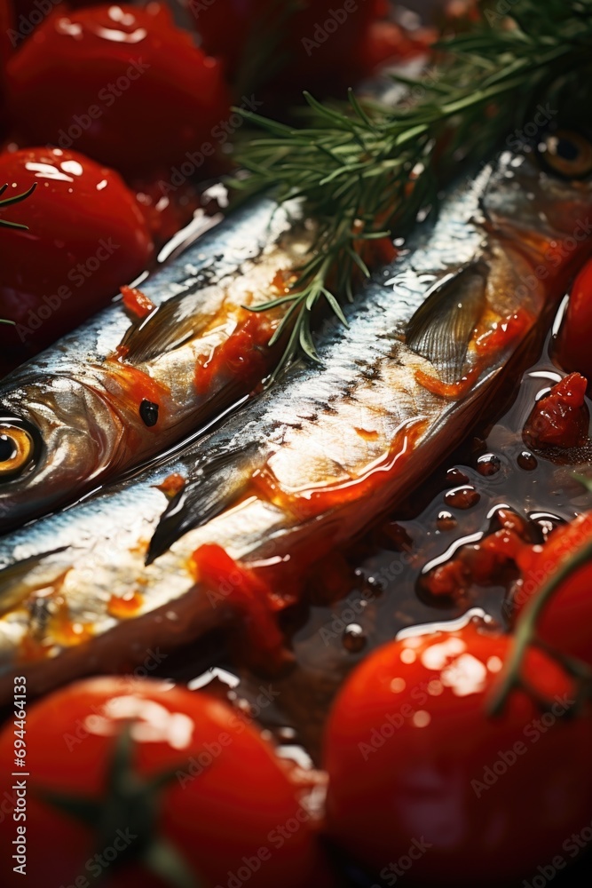 Poster a group of fish resting on a heap of fresh tomatoes. perfect for food-related projects and seafood r