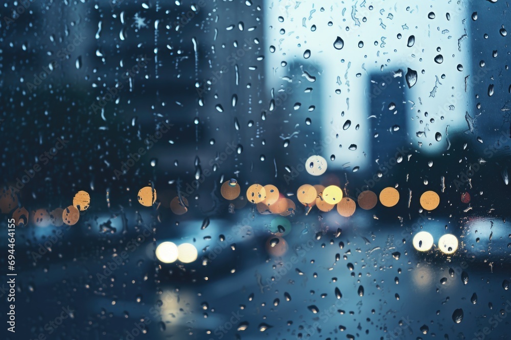 Poster A view of a city through a rainy window. Perfect for depicting a gloomy urban atmosphere. Suitable for various design projects