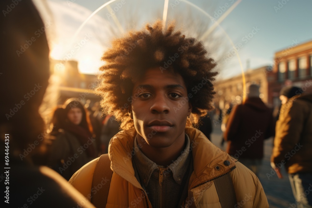 Poster a man with an afro hairstyle looking directly at the camera. suitable for various uses