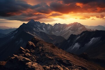 A beautiful sunset with the sun setting over a majestic mountain range. Perfect for nature and landscape enthusiasts.
