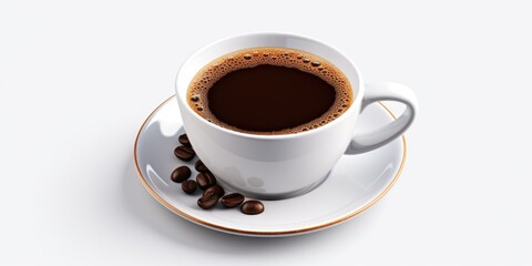 Obraz premium A cup of coffee with coffee beans on a saucer. Perfect for illustrating coffee culture and the enjoyment of a hot beverage. Can be used for cafe menus, coffee shop promotions, or lifestyle articles