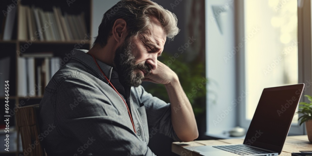 Aufkleber A man sitting in front of a laptop computer. Suitable for technology and remote work concepts