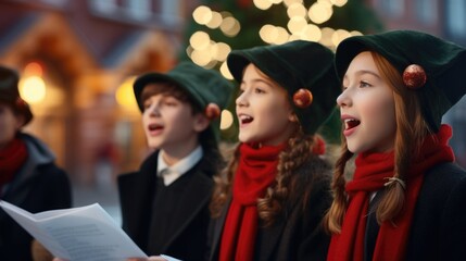 Children singing in front of a beautifully decorated Christmas tree. Perfect for holiday-themed projects and advertisements