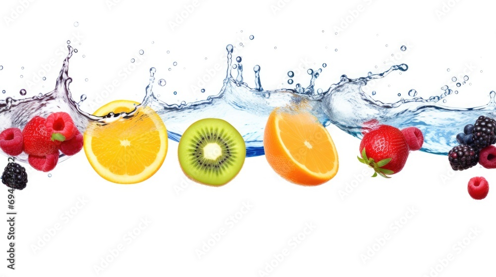 Poster Fruits being thrown into water, creating a splashing effect. Suitable for various projects
