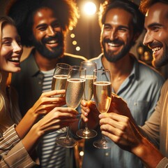 Friends Celebrate with Champagne at Night Party