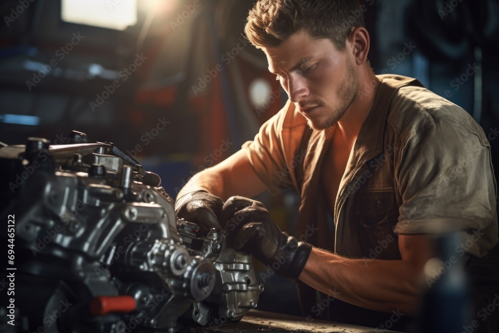 Poster a man is seen working on an engine in a garage. this image can be used to depict automotive repairs 