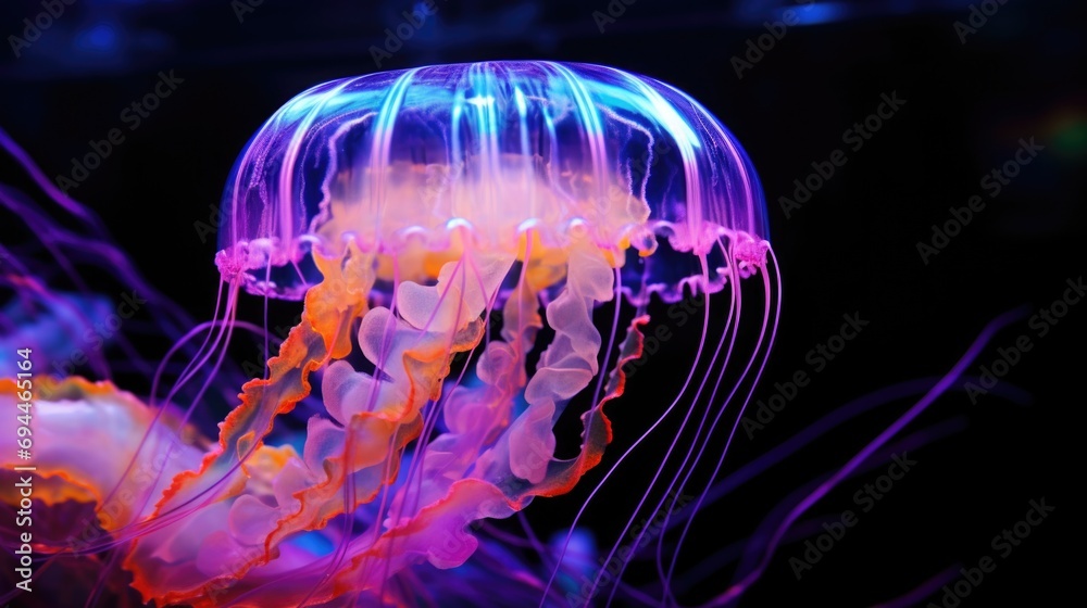 Poster A jellyfish peacefully floats in the water, with a captivating black background. This image can be used to add a touch of mystery and elegance to various projects
