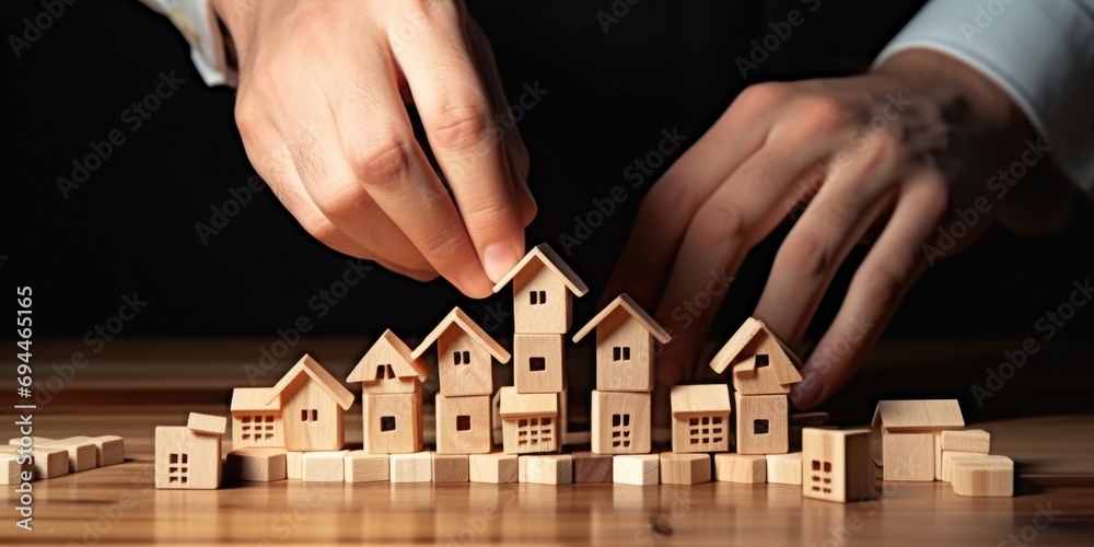 Aufkleber a person is seen placing wooden blocks into a house. this image can be used to illustrate constructi