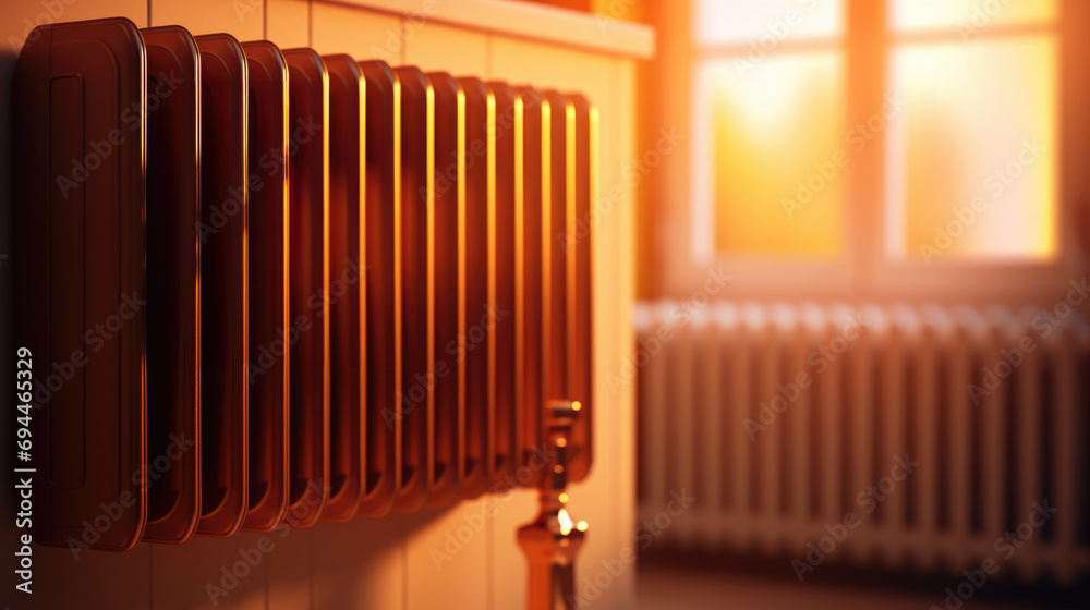 Poster a detailed close-up of a radiator mounted on a wall. this image can be used to showcase modern heati