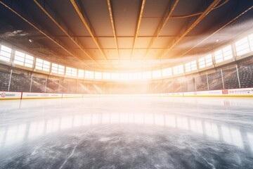 An empty hockey rink with a bright light shining through the window. Perfect for sports-related projects or illustrating the anticipation of a game about to start - obrazy, fototapety, plakaty