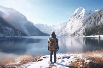 A man standing on top of a snow covered hill. Suitable for winter landscapes and outdoor adventure themes
