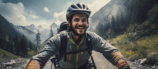 Influencer capturing moments of adventure on social media with cycling, mountains, and a smile - obrazy, fototapety, plakaty