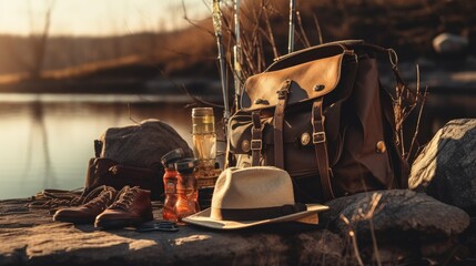 Hat, boots, bag, and a drink placed on a rock by the water. Suitable for outdoor adventure and travel concepts
