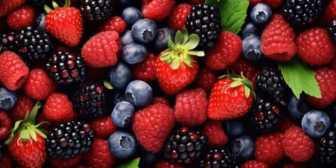 A close-up photograph of a bunch of raspberries and blueberries. Perfect for food and nutrition-related content
