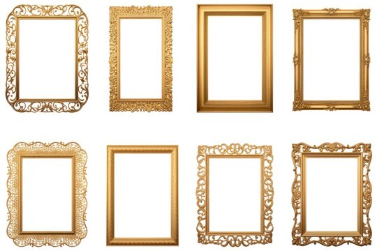 Set of gold picture frames on a clean white background. Perfect for displaying artwork, photos, or posters. Ideal for home decor, interior design, or art projects