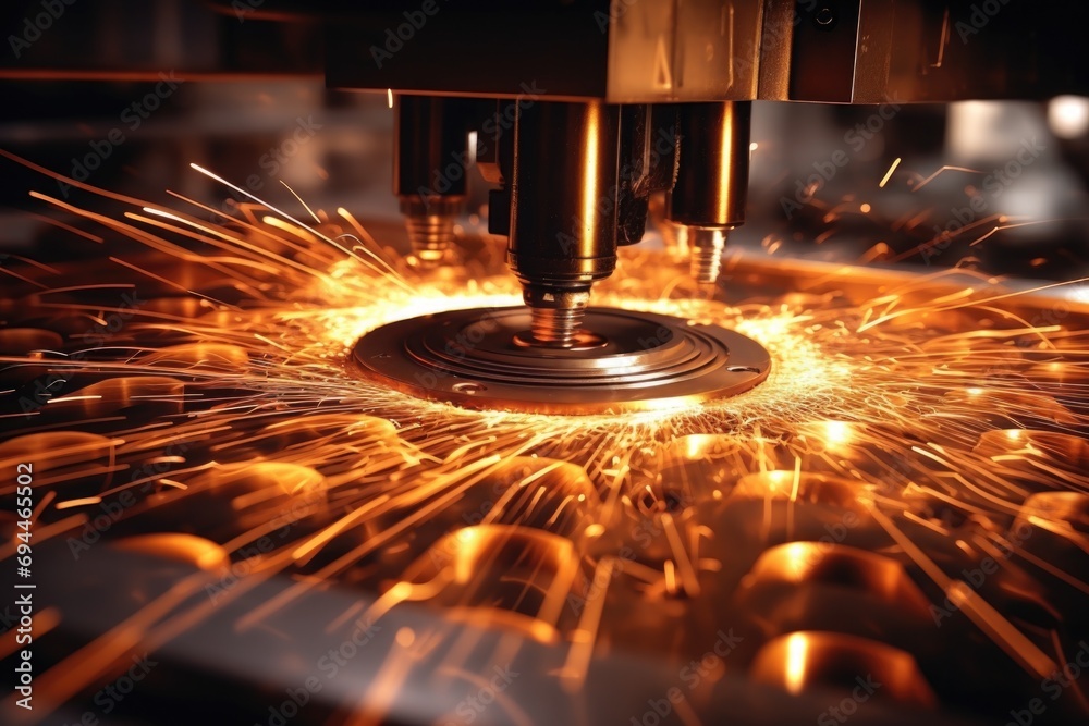 Poster a close-up view of a machine emitting sparks. this image can be used to depict industrial processes,