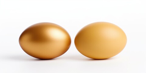 Two golden eggs sitting next to each other on a white surface. Perfect for concepts related to wealth, prosperity, success, and Easter celebrations
